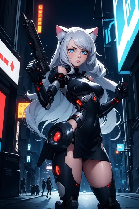 (high quality, best quality), 1girl, robot, mechanical parts, cyborg, silver skin,
cat ears, long hair, wavy hair, cybepunk attire, dress, 
standing, dynamic pose, weapon, holding a gun,
dark city background, neon lighting, 
futuristic, sci-fi, night,