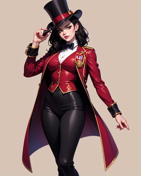 anime artwork  solo, beautiful adult woman, high quality, best quality, highres,  dr34m, standing, black hair, <lora:Nobody_MadelineDream:0.7> ((circus ringmaster outfit)), cheering,  [((red))|(purple gold)], (top hat), long tailcoat:1.1, tuxedo, cane, ringmaster jacket, ((gold trim)), pocket watch, torch, shiny boots, ornate trousers, stars, ((bowtie)),  (art by Masashi Kishimoto) . anime style, key visual, vibrant, studio anime,  highly detailed