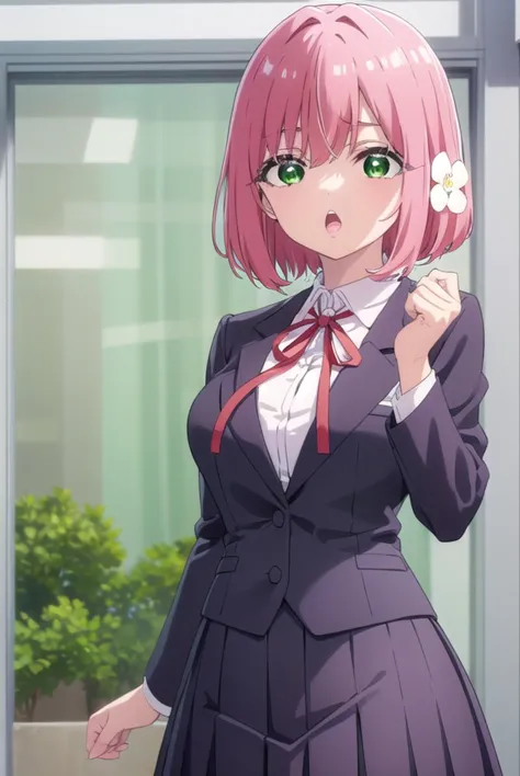 anime girl in a school uniform holding a flower in her hand