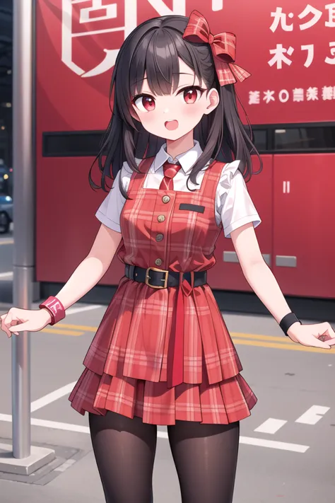 anime girl in red dress standing on street corner with arms outstretched