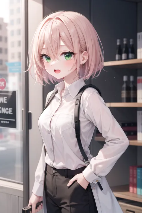 anime girl with pink hair and green eyes standing in front of a store