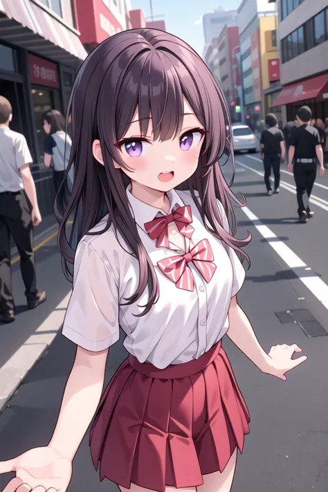 anime girl in a school uniform walking down a street