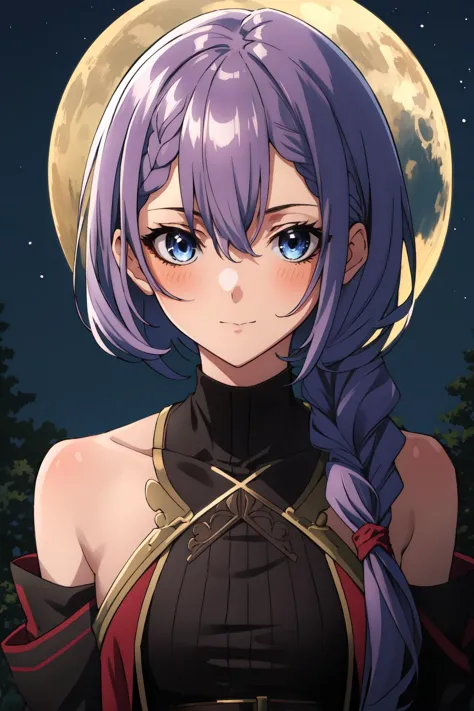 a woman with purple hair and a black top is standing in front of a full moon