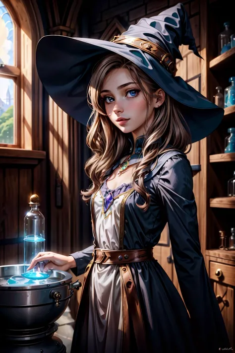 masterpiece, best quality, portrait of a 18yo woman , (underground alchemy laboratory),  color photo, cinematic, cinematic lighting, (whimsical witch, (small witch hat)), (potions, alchemy beakers, lab cauldron), rainbow colors, anime, gorgeous 18-year-old woman, perfect eyes, graceful, landscape shot,  upper body, looking at viewer, standing, happy, enthusiastic