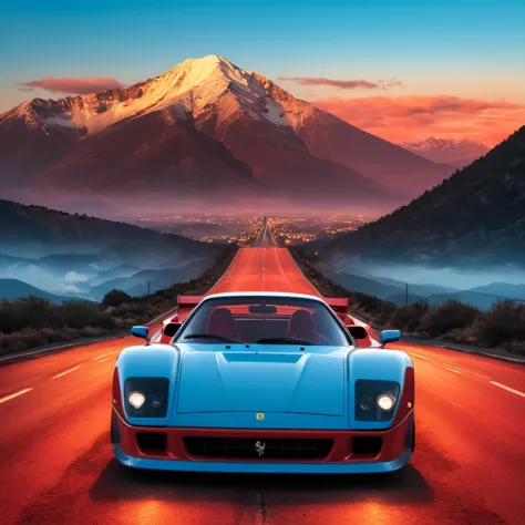 a blue sports car driving down a road with mountains in the background