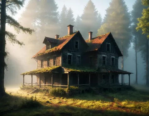 3d render of an old decayed farmhouse, forest, fog, haze lighting