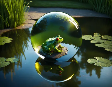 3d render of a glass ball reflecting a frog sitting at a pond