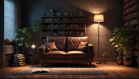 3d render small cozy living room, leather sofa, lamp, wooden floor, books, at night <lora:sd_xl_offset_example-lora_1.0:1>