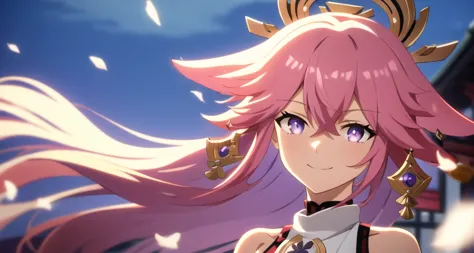 <lora:yaeMikoRealisticAnime_offset:0.6>,  smile, sky, hair blowing, yae miko \(genshin impact\), pink hair, yae miko,  <lora:ufotable_loha:0.3>, looking at viewer, blue hair,  upper body, detailed eyes, anime screencap, ufotable style, purple eyes, kitsune, <lora:beautifulDetailedEyes_v10:0.6>, beautiful purple eyes, shrine, bare shoulders,