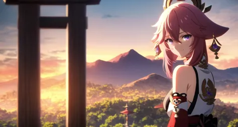 <lora:yaeMikoRealisticAnime_offset:0.6>,  smile, sky, hair blowing, yae miko \(genshin impact\), pink hair, yae miko,  <lora:ufotable_loha-000001:0.7>  looking at viewer, blue hair,  upper body, detailed eyes, anime screencap, ufotable style, purple eyes, kitsune, <lora:beautifulDetailedEyes_v10:0.6>, beautiful purple eyes, shrine, bare shoulders, green landscape, day, solo, from side, looking at viewer, on the top of a mountain, sunrise,