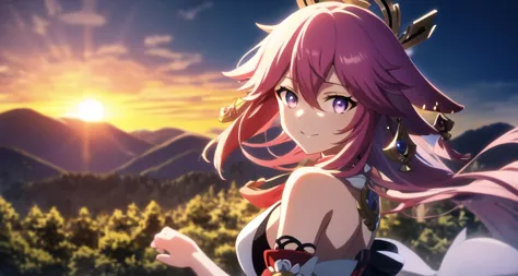 <lora:yaeMikoRealisticAnime_offset:0.6>,  smile, sky, hair blowing, yae miko \(genshin impact\), pink hair, yae miko,  <lora:ufotable_loha:0.35>, looking at viewer, blue hair,  upper body, detailed eyes, anime screencap, ufotable style, purple eyes, kitsune, <lora:beautifulDetailedEyes_v10:0.6>, beautiful purple eyes, shrine, bare shoulders, forest, day, solo, from side, looking at viewer, on the top of a mountain, sunrise,