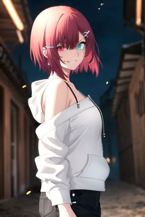 a woman with red hair and glasses standing in a alley