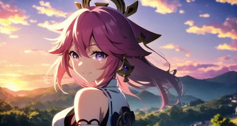 <lora:yaeMikoRealisticAnime_offset:0.6>,  smile, sky, hair blowing, yae miko \(genshin impact\), pink hair, yae miko,  <lora:ufotable_loha:0.35>, looking at viewer, blue hair,  upper body, detailed eyes, anime screencap, ufotable style, purple eyes, kitsune, <lora:beautifulDetailedEyes_v10:0.6>, beautiful purple eyes, shrine, bare shoulders, green landscape, day, solo, from side, looking at viewer, on the top of a mountain, sunrise,