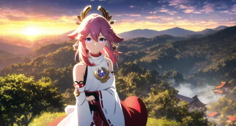 <lora:yaeMikoRealisticAnime_offset:0.6>,  smile, sky, hair blowing, yae miko \(genshin impact\), pink hair, yae miko,  <lora:ufotable_loha-000001:0.7>  looking at viewer, blue hair,  face, detailed eyes, anime screencap, ufotable style, purple eyes, kitsune, <lora:beautifulDetailedEyes_v10:0.6>, beautiful purple eyes, shrine, bare shoulders, green landscape, day, solo, looking at viewer, on the top of a mountain, sunrise,