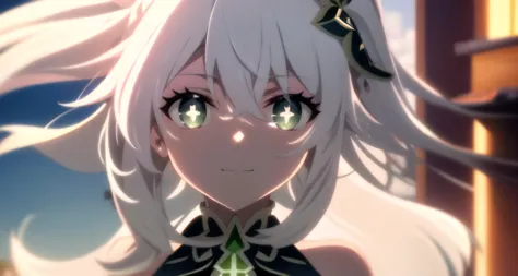 <lora:yetAnotherNahidaGenshin_nahidav3:0.6> ,  smile, sky, hair blowing, nahida \(genshin impact\), white hair, nahida,  <lora:ufotable_loha:0.5>  looking at viewer,  face, detailed eyes, anime screencap, ufotable style, green eyes, +_+, cross shaped pupils, <lora:beautifulDetailedEyes_v10:0.8>, beautiful purple eyes, shrine, bare shoulders, day, solo, looking at viewer,