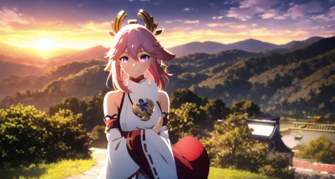 anime girl with pink hair and a white dress standing on a hill