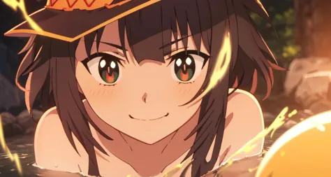 smile, sky, hair blowing, looking at viewer,  face, detailed eyes, anime screencap, ufotable style, green eyes, +_+, cross shaped pupils,  beautiful eyes, shrine, bare shoulders, day, solo, looking at viewer,  green eyes <lyco:ufoTable LoCon:.5> <lora:ufotable_loha:1> megumin  <lora:meguminBakuenEdition_v10a:.5> hot bath body feet