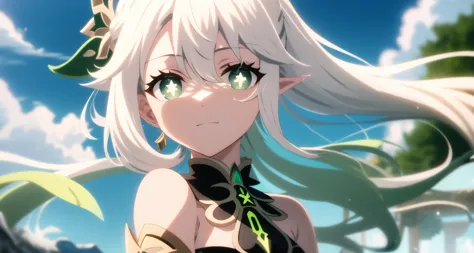 <lora:yetAnotherNahidaGenshin_nahidav3:0.6> ,  smile, sky, hair blowing, nahida \(genshin impact\), white hair, nahida,  <lora:ufotable_loha:0.5>  looking at viewer,  face, detailed eyes, anime screencap, ufotable style, green eyes, +_+, cross shaped pupils, <lora:beautifulDetailedEyes_v10:0.8>, beautiful purple eyes, shrine, bare shoulders, day, solo, looking at viewer,