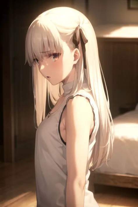 anime girl with long white hair and ponytail standing in a room