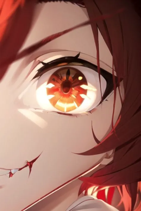 anime girl with red hair and brown eyes staring at something