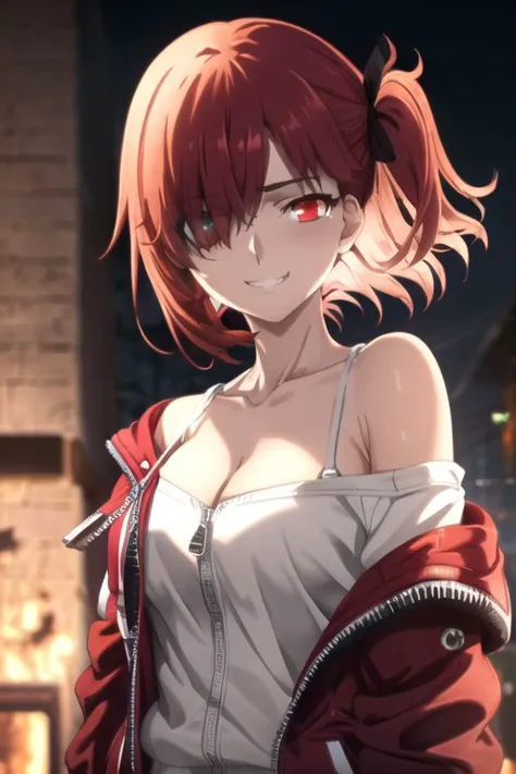 ((masterpiece, best quality)), (hyper detailed, detailed background), 1girl, hair over eye, heterochromia, smirk, short hair, red hair, glowing eyes, loraeyes, white shirt, hoodie with zipper, Off shoulder, cinematic light, looking at viewer, wind, close-up, night, dynamic angle, blurred edges of the picture