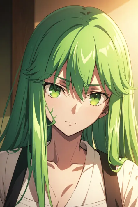 a close up of a person with green hair and green eyes