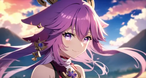 <lora:yaeMikoRealisticAnime_offset:0.6>,  smile, sky, hair blowing, yae miko \(genshin impact\), pink hair, yae miko,  <lora:ufotable_loha-000001:0.5>  looking at viewer, blue hair,  face, detailed eyes, anime screencap, ufotable style, purple eyes, kitsune, <lora:beautifulDetailedEyes_v10:0.6>, beautiful purple eyes, shrine, bare shoulders, green landscape, day, solo, looking at viewer, on the top of a mountain, sunrise,