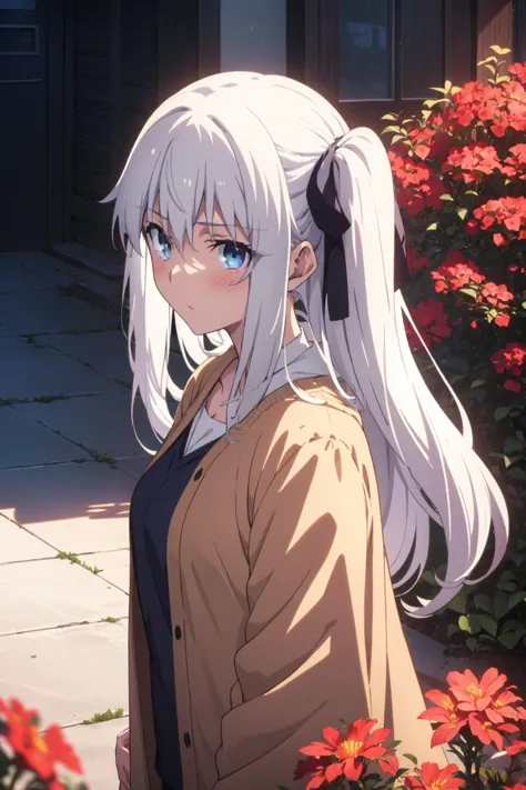 anime girl with long white hair and blue eyes standing in front of flowers