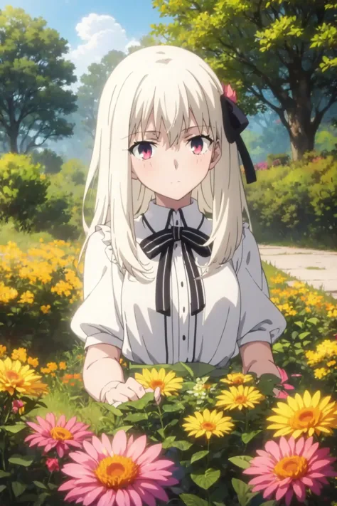 anime girl in a field of flowers with a blue sky in the background