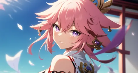 <lora:yaeMikoRealisticAnime_offset:0.6>,  smile, sky, hair blowing, yae miko \(genshin impact\), pink hair, yae miko,  <lora:ufotable_loha:0.3>, looking at viewer, blue hair,  upper body, detailed eyes, anime screencap, ufotable style, purple eyes, kitsune, <lora:beautifulDetailedEyes_v10:0.6>, beautiful purple eyes, shrine, bare shoulders,