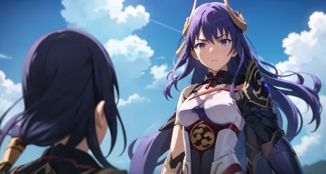 a woman with long purple hair standing next to another woman