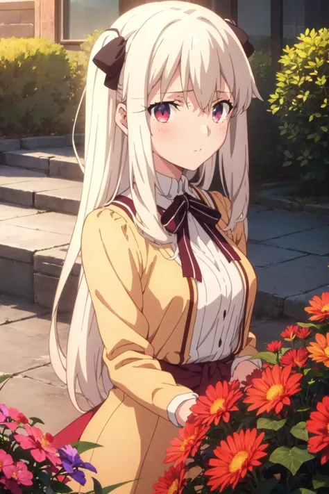 anime girl with long white hair and a bow standing in front of a flower garden