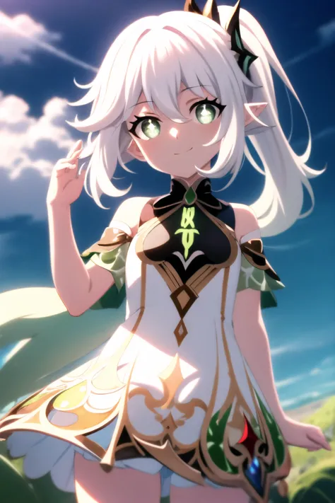 <lora:yetAnotherNahidaGenshin_nahidav3:0.6> ,  smile, sky, nahida \(genshin impact\), white hair, nahida,  <lora:ufotable_loha:0.5>  looking at viewer, detailed eyes, anime screencap, ufotable style, green eyes, +_+, cross shaped pupils, <lora:beautifulDetailedEyes_v10:0.8>, beautiful purple eyes, day, solo, looking at viewer, (pointy ears:0.7), ponytail, (cowboy shot:1.1), day,