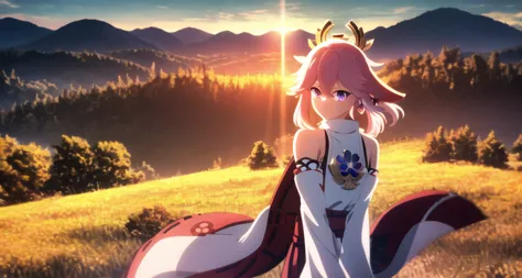 anime girl with long pink hair standing in a field with mountains in the background