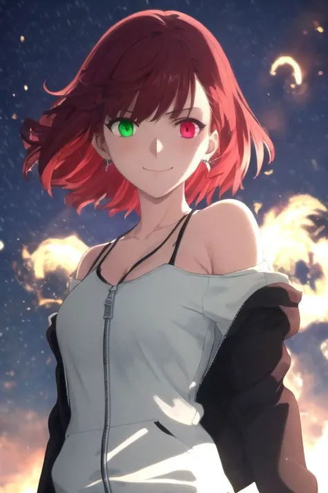 ((masterpiece, best quality)), (hyper detailed, detailed background), 1girl, hair over eye, heterochromia, smirk, short hair, red hair, black inner hair, earing, glowing eyes, magic, mana particles, white shirt, hoodie with zipper, Off shoulder, cinematic light, looking at viewer, wind, close-up, night, dynamic angle, blurred edges of the picture