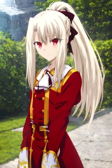 anime girl with long white hair and red dress standing in front of a stone wall