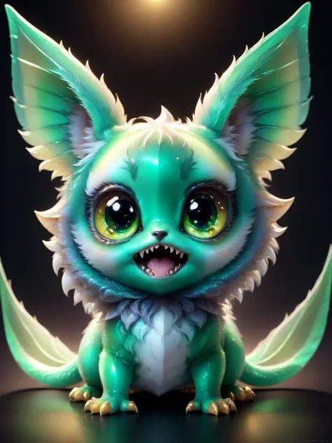 a close up of a green and white furry animal with big eyes