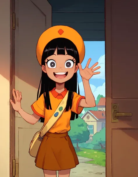 a cartoon girl in a yellow hat and brown skirt standing in front of a door