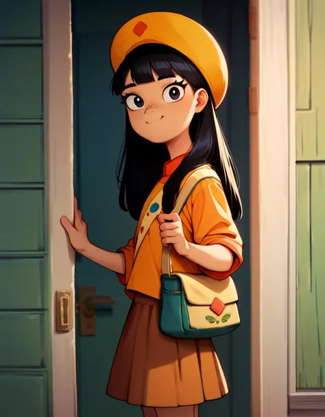 a cartoon girl in a yellow hat and a brown skirt