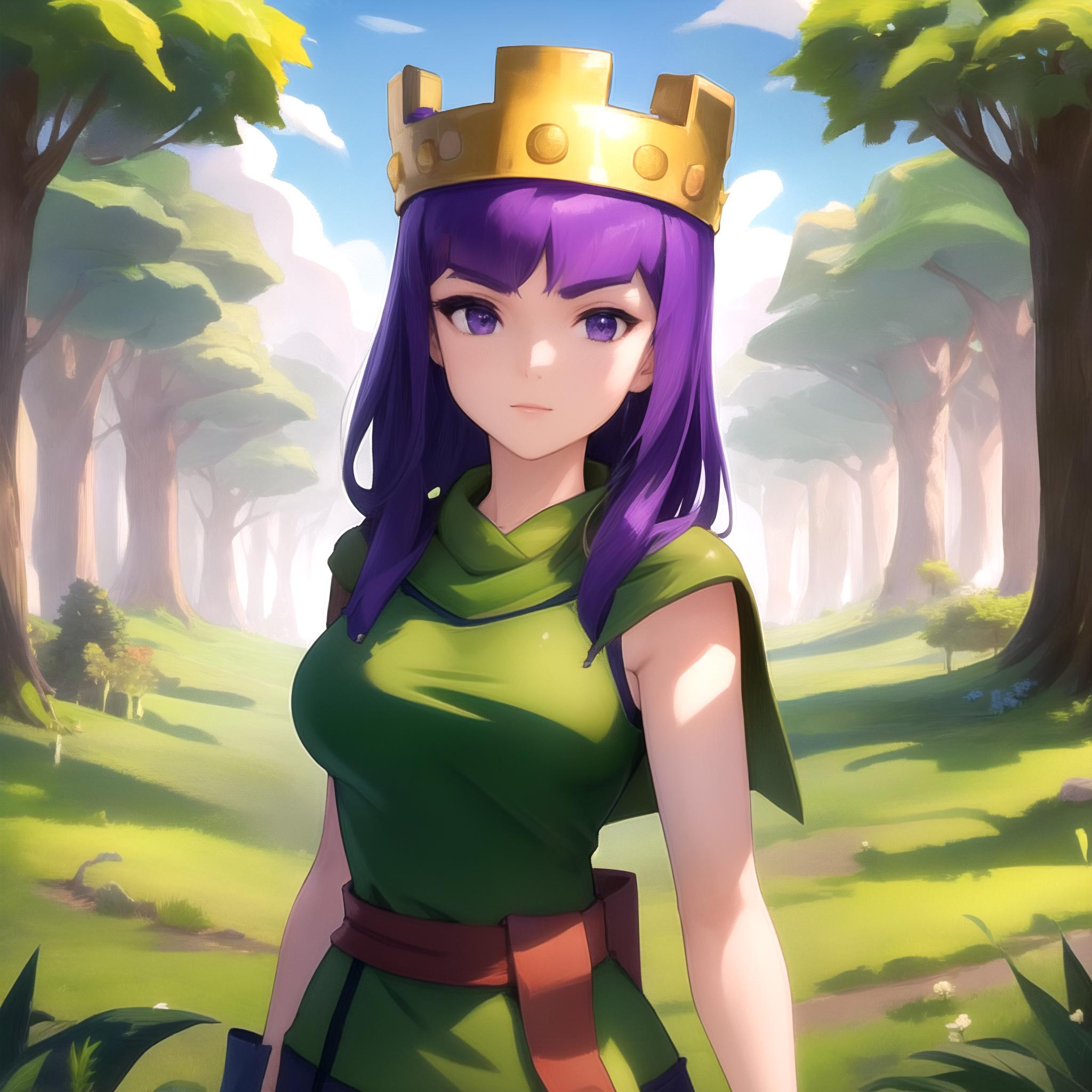 A woman in a green dress and a crown standing in a forest - SeaArt AI