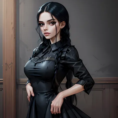 (masterpiece, best quality), wednesday_addams, <lora:wednesday_addams-10:0.8>, ((best quality)), ((masterpiece)), cowboy shot, looking at viewer, (wearing dress, black dress), (highly detailed skin:1.2), midday, natural lighting, long hair, perfect eyes, long eyelashes, beautiful girl standing, , <lora:western_bimbo_v1.0:0.8> bimbo, big ass, big tits, big lips