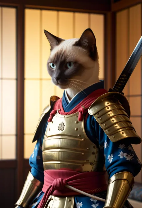 a close up of a cat in a samurai costume with a sword