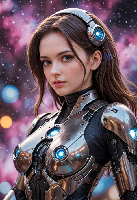 an award winning photograph of a beautiful woman, halo, intricate cyberpunk robot, highly detailed, soft bokeh Deep space nebula background, art by mooncryptowow and popular science