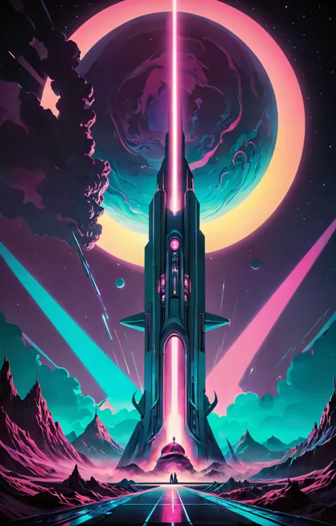 a poster of a spaceship flying over a mountain with a light beam