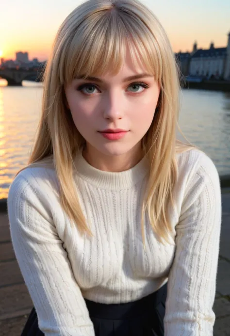 arafed blonde woman with blue eyes and a white sweater