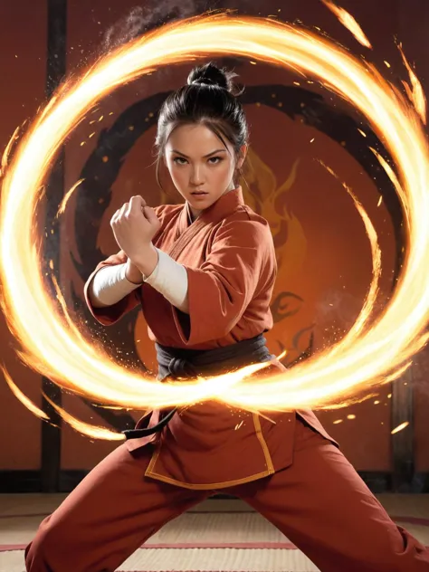 1girl, Fire bender, flames, sparks, dynamic, powerful, elemental, magic, intense, gaze, martial arts stance, energetic, mystical, sparks, swirling, orange, red, fierce, background, realistic