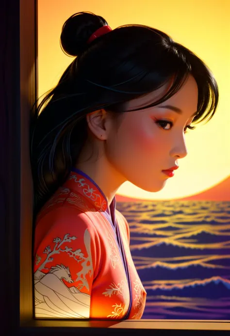 3D papercut shadow box of blacklight art, sensual (Mulan (Mulan), Chinese woman, (slanting eyes:1.3):1.4) woman on the beach, glorious sunset, she is lost in thought, far way, shorts, sunset, gradient color, shadow, detailed art, magnificent composition, bold color, orange light, rim lighting. Layered, dimensional, depth, silhouette, shadow, papercut, handmade, high contrast