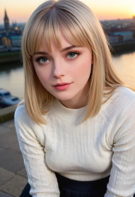 blonde woman with blue eyes sitting on a ledge near a river