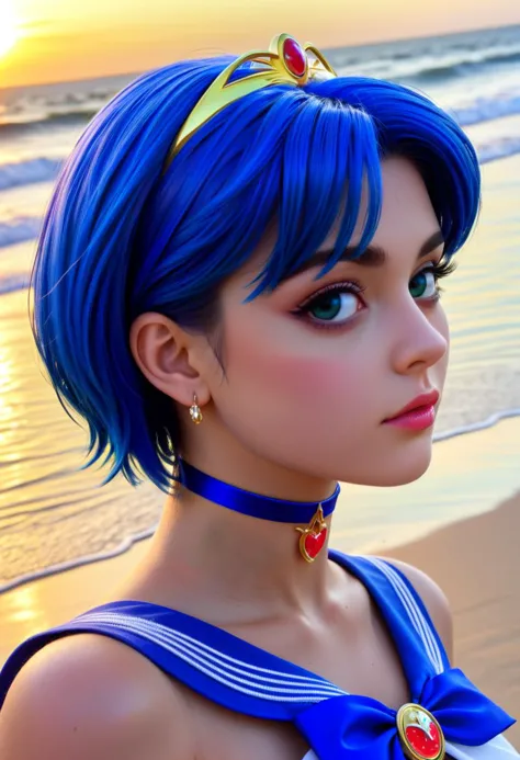 a close up of a woman with blue hair and a blue dress