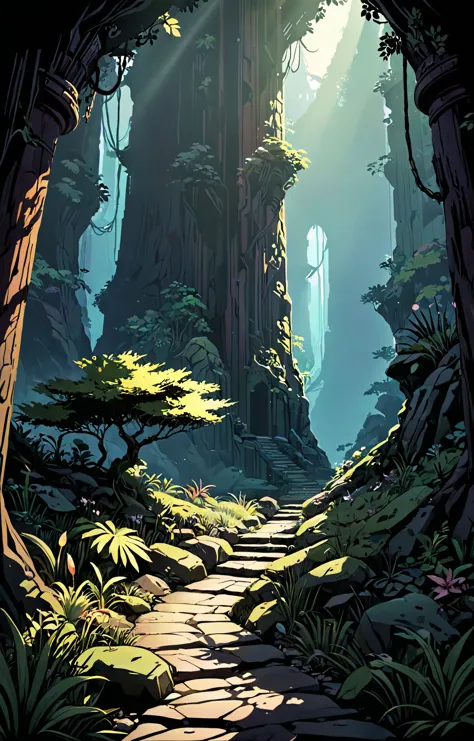 a cartoon style illustration of a path through a forest